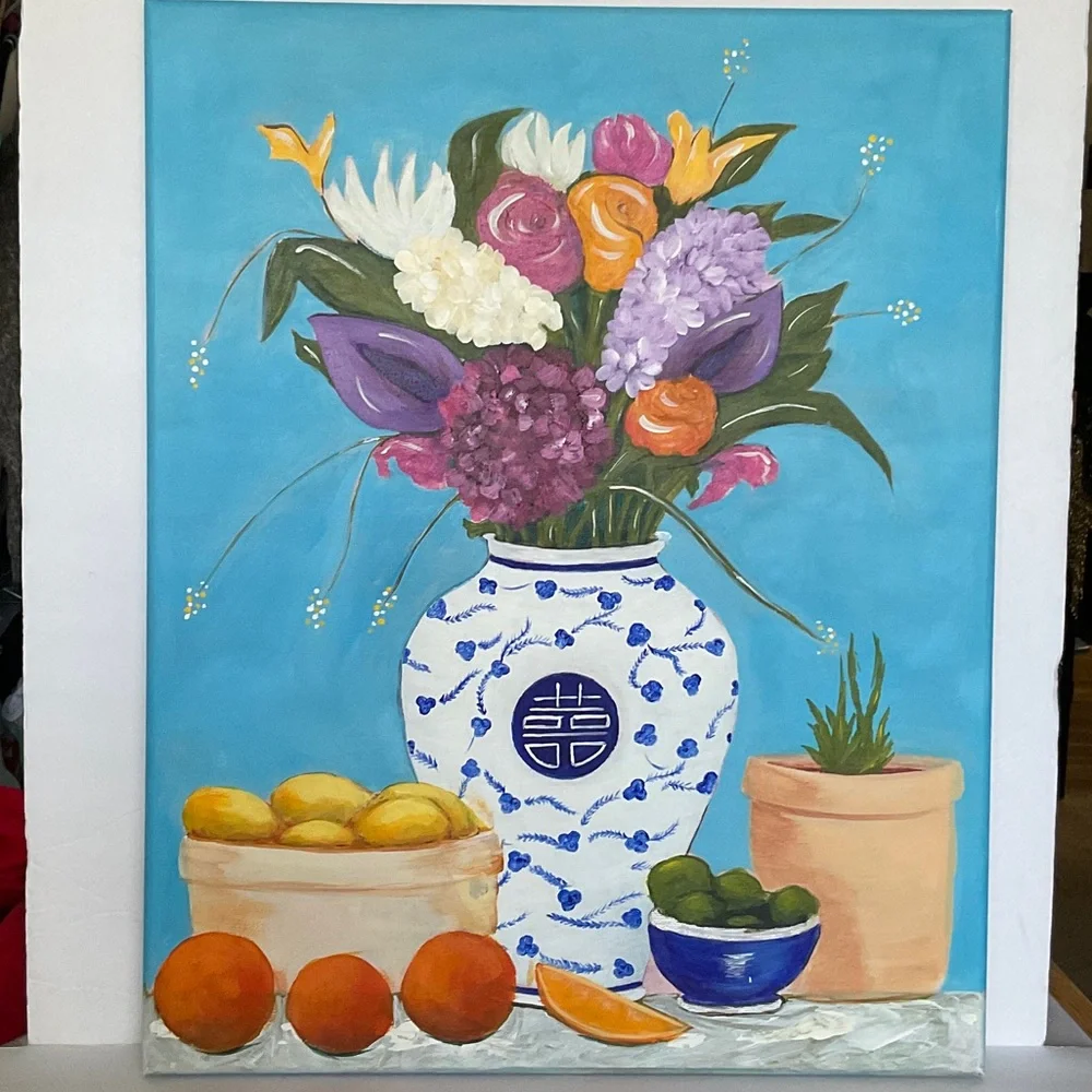 Original Artwork Bright Floral and Still Life Painting With Blue and White Vase - Picture 2 of 7